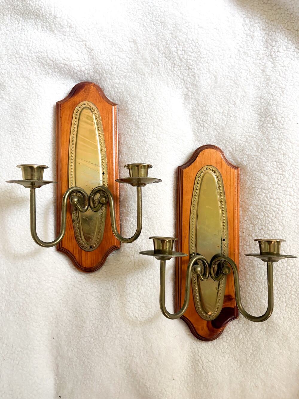 Vintage | Brass & Wood Wall Sconces Taper Candle Holders Gothic Decor